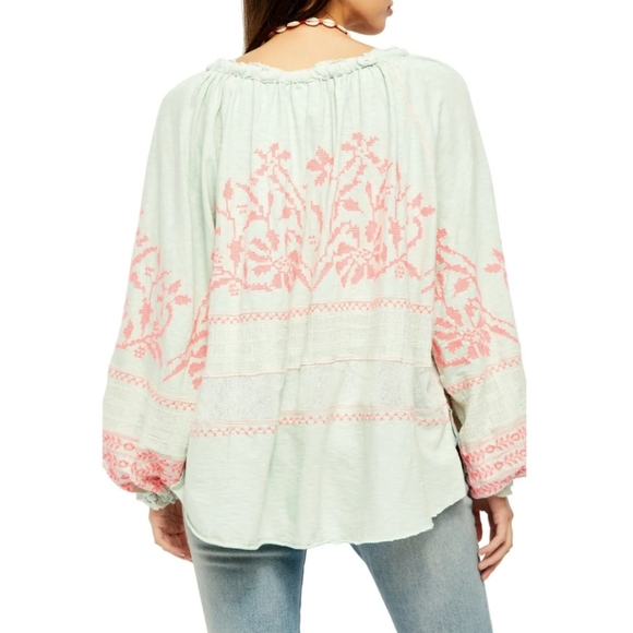 Free People Persuasion Mint Pink Embroidered Oversized Puff Sleeve Tunic… - Picture 2 of 11